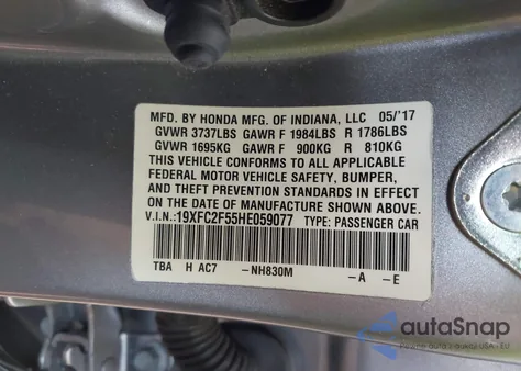 2017 Honda Civic Lx из США, поврежденный, VIN 19XFC2F55HE059077